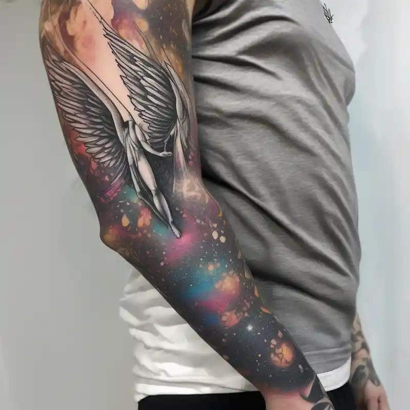 Arm sleeve with angels as a memorial half sleeve tattoos for men – Puntillismo, Colores vivos